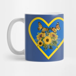 Golden Sunflowers and Butterflies in Sapphire Blue and Yellow Heart Mug